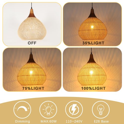 Karjearl Rattan Pendant Light, 15.7" Rattan Chandelier Hand-Woven Boho Pendant Light Fixtures with Solid Wood, Basket Wicker Chandelier for Dining Room Kitchen Island Living Room