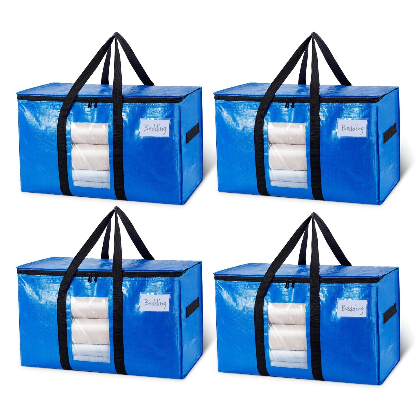 TAILI Extra Large Moving Bags, 4 Pack Blue Heavy Duty Totes For Storage with Visible Window, Wrap Around Handles, Storage Bags for Space Saving, Alternative to Moving Boxes