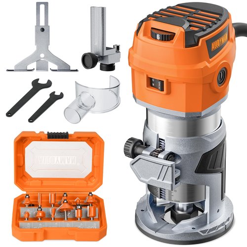Alloyman Router Tool, 8.5Amp Wood Router, Max 30000 RPM Handheld Palm Router, 6 Variable Speed, 12Pcs Wood Compact Router Bits, 950W Wood Trim Routers Kit for Woodworking Trimming