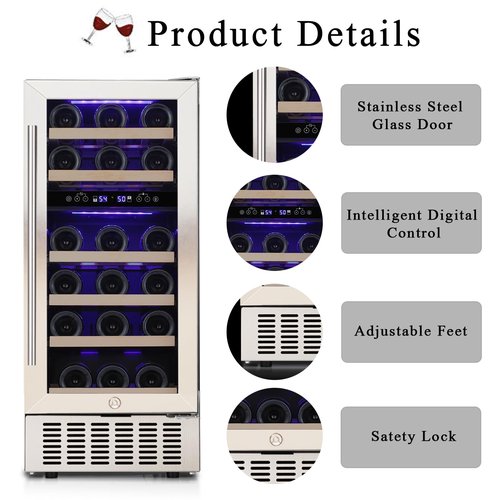 COWSAR 28 Bottle Wine Fridge, Dual Zone Beverage Refrigerator ETL Approved, Independent Temp, LED, Under Counter Drink Wine Cooler Chiller with Stainless Steel Frame, Double-Layer Tempered Glass Door
