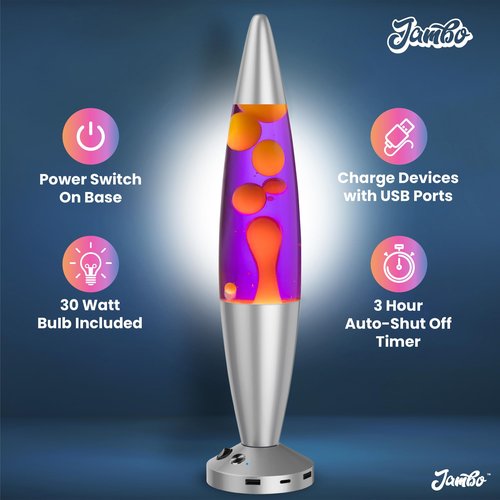 JAMBO Upgraded Motion Lamp – 16" Purple Liquid, Yellow Wax – USB Ports, Timer – Night Light for Adults, Teens, Kids – Bedroom, Living Room, Office Décor Lamp