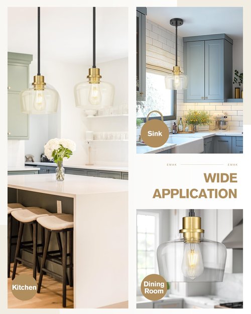 Emak 8 Inch Modern Pendant Lights Kitchen Island, Farmhouse Black and Gold Pendant Light Fixtures with Clear Glass Shade for Kitchen, Bedroom, Dining Room, PL122-BKBGD-CG