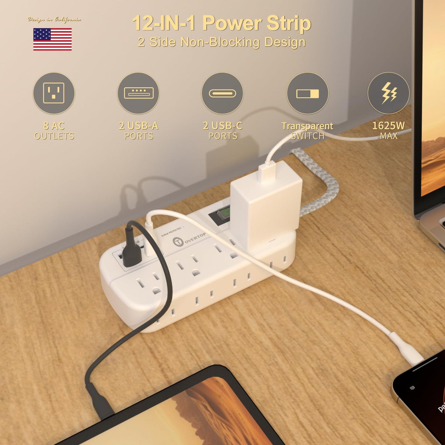 Overtop 12 IN 1 Power Strip Surge Protector, 8 Outlets 4 USB (2 USB C Ports), Compact Wall Outlet Extender, Nightlight Flat Plug 5FT Braided Extension Cord Charging Station for Travel Home Office Dorm