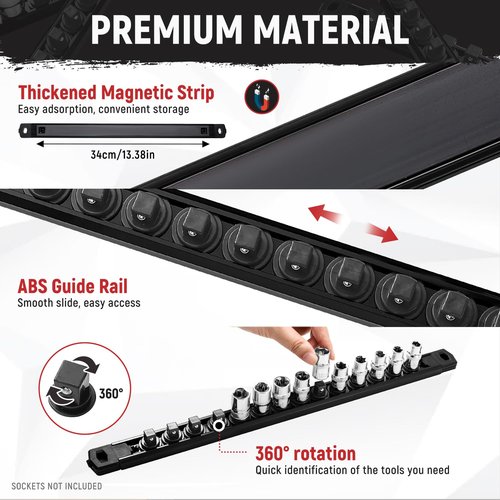 Reniteco Magnetic Socket Organizer, 1-Piece Heavty Duty ABS Socket Holder, Socket Rail for Tool Box, Premium Quality 360° Swivel Socket Rack with 12 Clips for 1/2-Inch(Black)