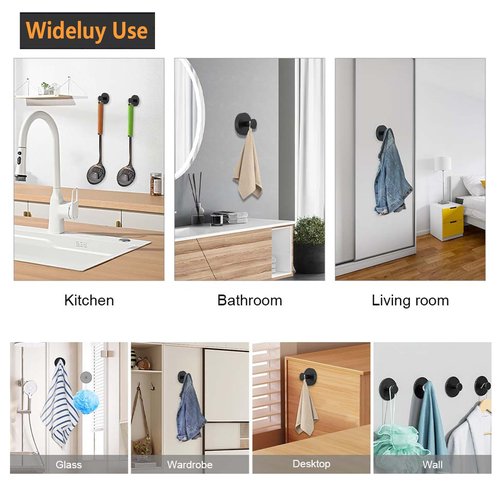 Homeshifters 2-Piece Suction Cup Hooks - SUS 304 Stainless Steel Suction Towel Hooks, No Drill Shower Hooks for Bathroom,Kitchen,Glass,Tile to Hang Towels,Robes,Loofah (Matte Black, 2 Piece)