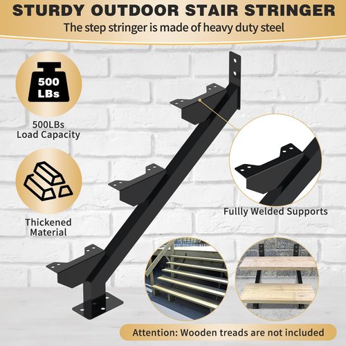 2 Pack Steel Stair Stringer, 3 Steps Stair Riser, Outdoor Metal Step Stringers for 20.7 Inch Height Deck