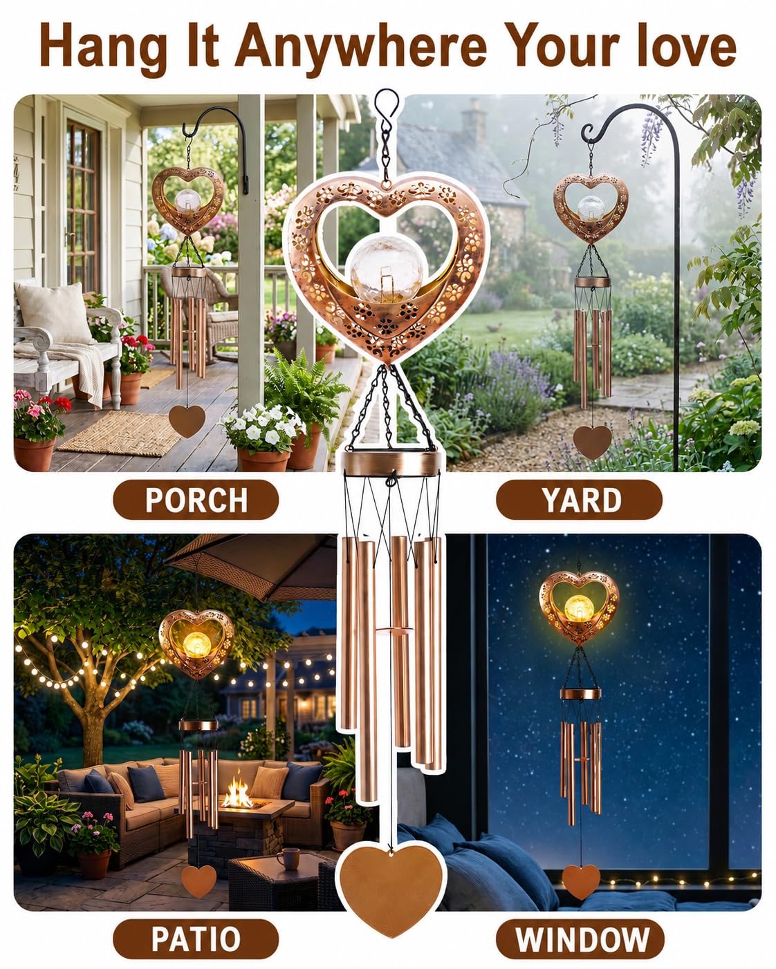 Nacome Solar Heart Wind Chimes for Outside: Weatherproof Metal Outdoor Decor Easy Hanging for Garden Patio Tree Window - Melodious Mother's Day Birthday Gifts for Mom Women Mom Grandma Her Wife