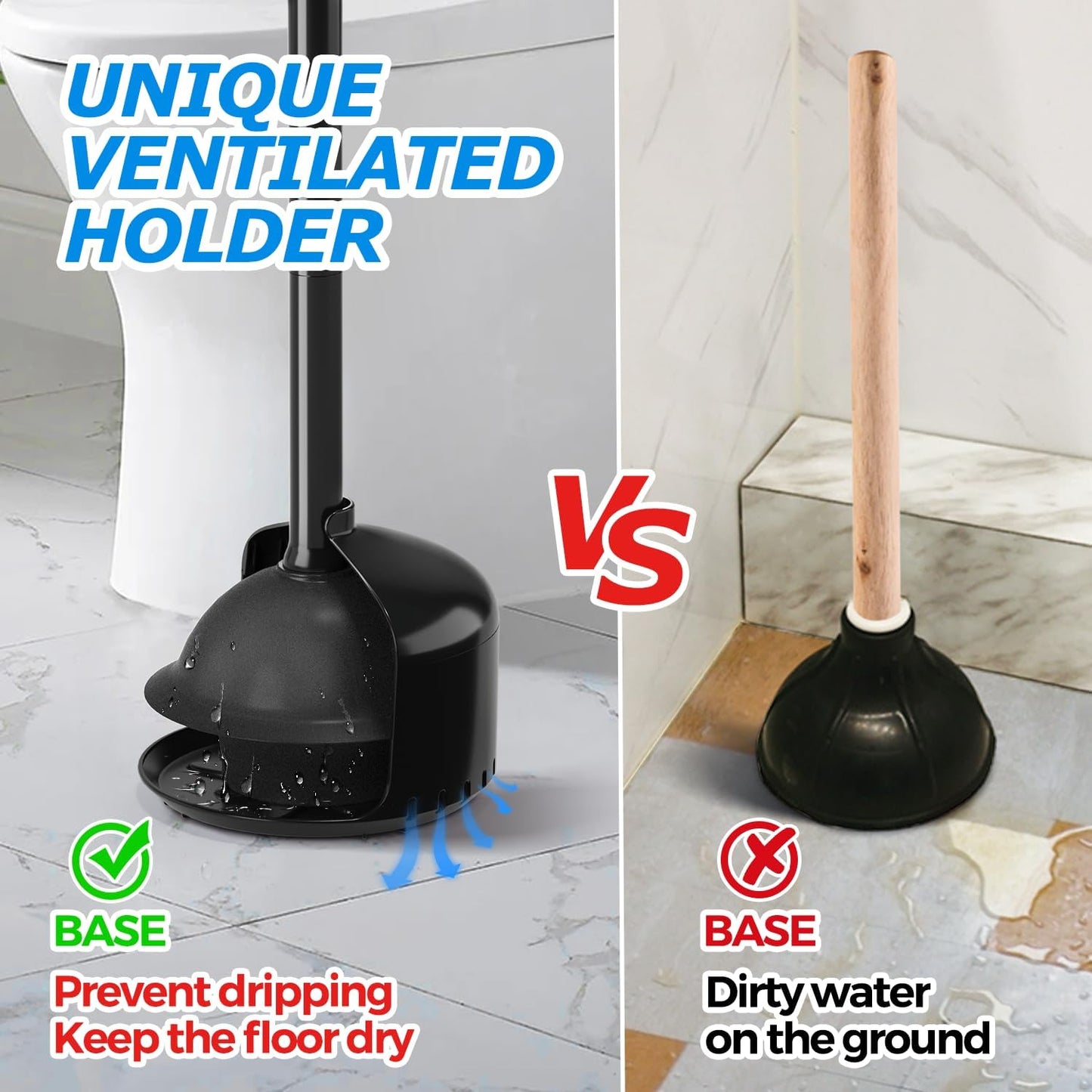 FORASTO Toilet Plunger with Holder,Plungers for Bathroom with Holder,Heavy Duty Plunger with Cover,Bathroom Decor，Bathroom Accessories，Toilet Bowl Cleaners,Black
