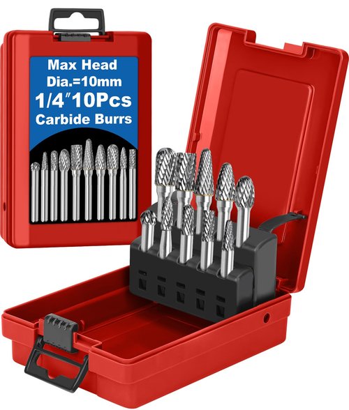Sworker 10Pcs Carbide Burr Set 1/4 Shank w/Red Box Max Head Dia 10mm Die Grinder Bits Rotary Tools Attachment Kit Rasp Accessories Metal Wood Stone Steel Grinding Deburring Cutting Porting Carving