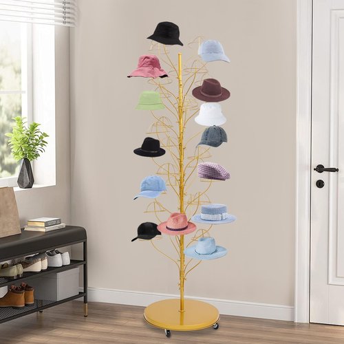Fifizoo 35-hanger Metal Hat Rack, Retail Freestanding Hat Wig Display Stand, Floor-Standing Holder Stand for Hat Wig, Commercial Large Hats Organizer Cap Hanger (Gold)
