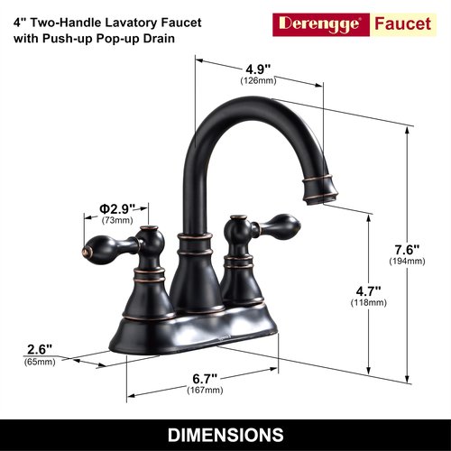 Derengge 2 Handle Oil Rubbed Bronze Bathroom Sink Faucet 3 Hole with Overflow Pop up Drain,360° Swivel Spout 4 Inch Centerset Lavatory Faucet,F-4501-NB