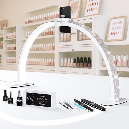 Modelones 29IN Half Moon Light for Nail Desk, 364 LEDs 3 Color Modes Rhinestones Nail Light for Desk with Phone Holder, Foldable Premium LED Lamp for Professional Manicure, Eyelash Extension, Skincare