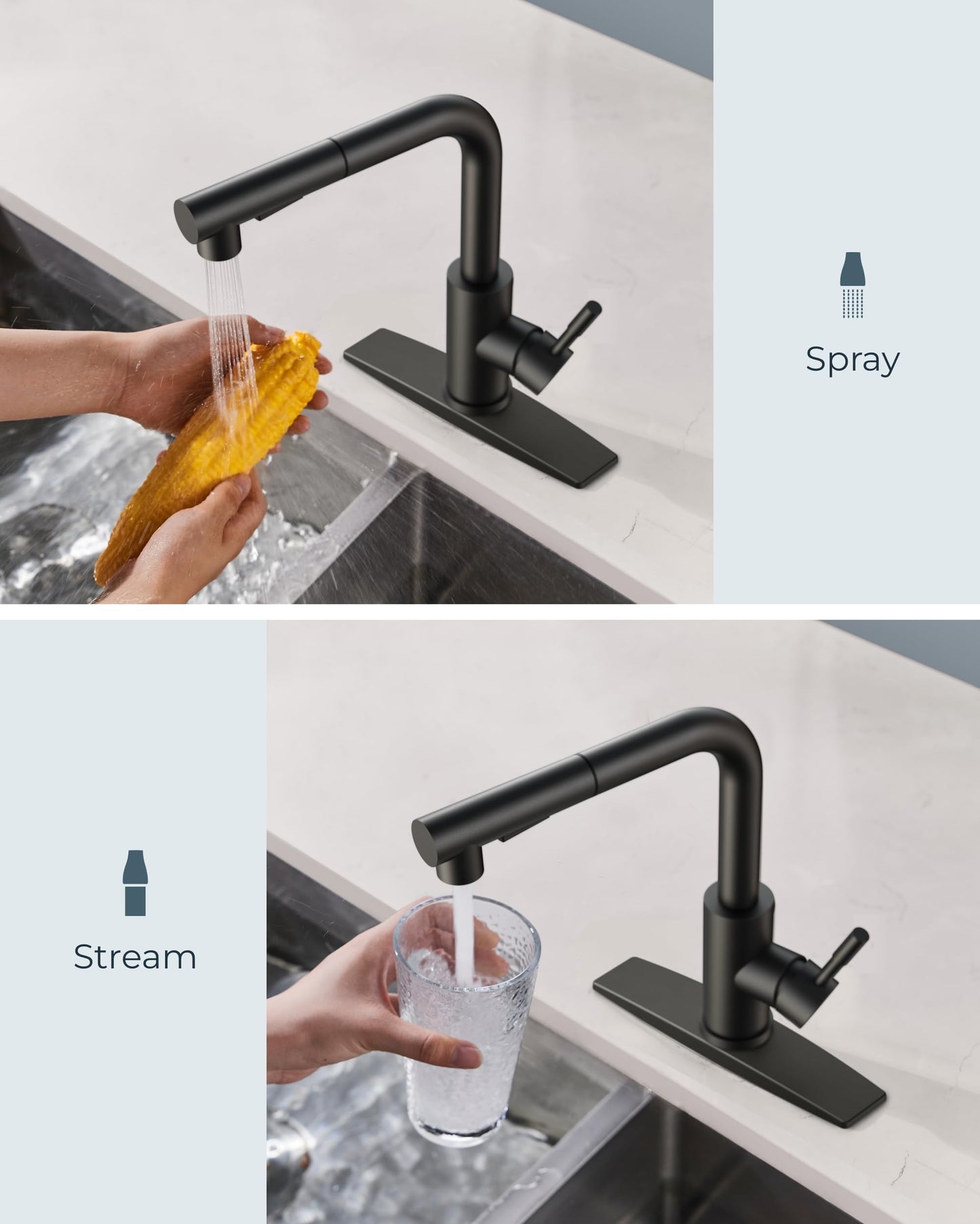FORIOUS Kitchen Faucet Black, Kitchen Sink Faucets with Pull Down Sprayer, Commercial Pull Out Kitchen Faucet for Sink 1 or 3 Hole, Single Handle Stainless Steel Sink Faucet for Bar RV Laundry Outdoor