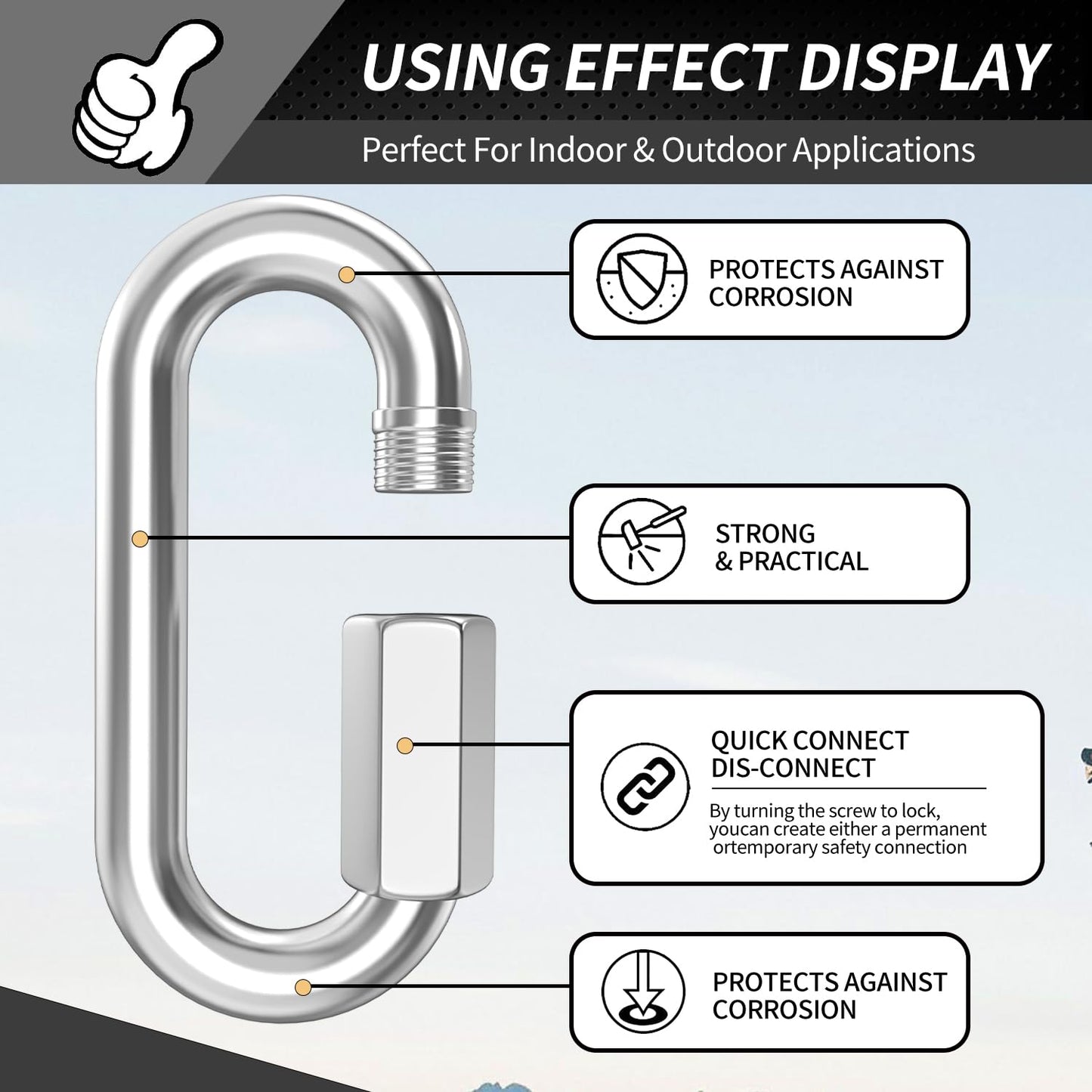 15 Pack Heavy-Duty Chain Hooks Quick Links - 304 Stainless Steel 1/8" Locking Carabiner Anti-Rust Chain Connector Quick Link for Towing,Swing,Shade Sail,Bird Toys,Capacity 175lb