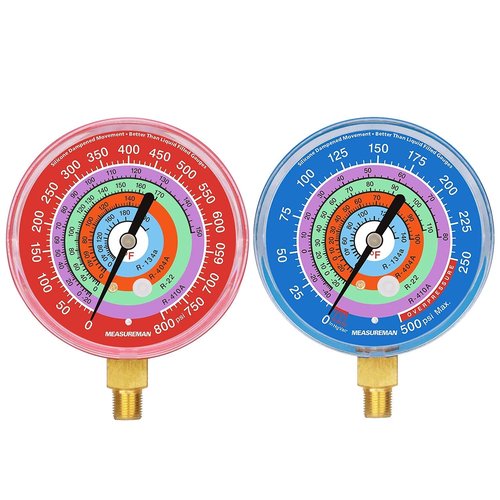 Measureman Refrigeration Pressure Gauge Kit, 3-1/8" Dial, Blue Dial & Red Dial, 1/8" NPT Lower Mount, 30inHg-0-250psi, 250-500psi & 0-800psi