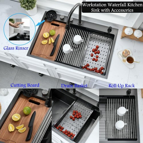 33 Inch Black Waterfall Kitchen Sink Drop In Workstation-Bokaiya 33x22 Kitchen Sink with Faucet Combo Smart Top Mount 304 Stainless Steel 16 Guage Deep Single Bowl Multifunctional Sinks