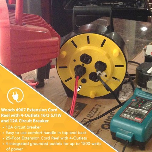 Woods Light Duty Extension Cord Reel, 25Ft, 16 Gauge, 3 Conductor, 4-Outlets, 12A Circuit Breaker, Yellow/Black, 4907