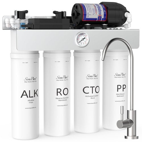 SimPure T1-400ALK Alkaline UV Reverse Osmosis System, NSF/ANSI 58 Certified, Tankless RO Water Filter System 400 GPD, pH+ Remineralization Water Filtration Under Sink, BPA Free, Built-in Pump