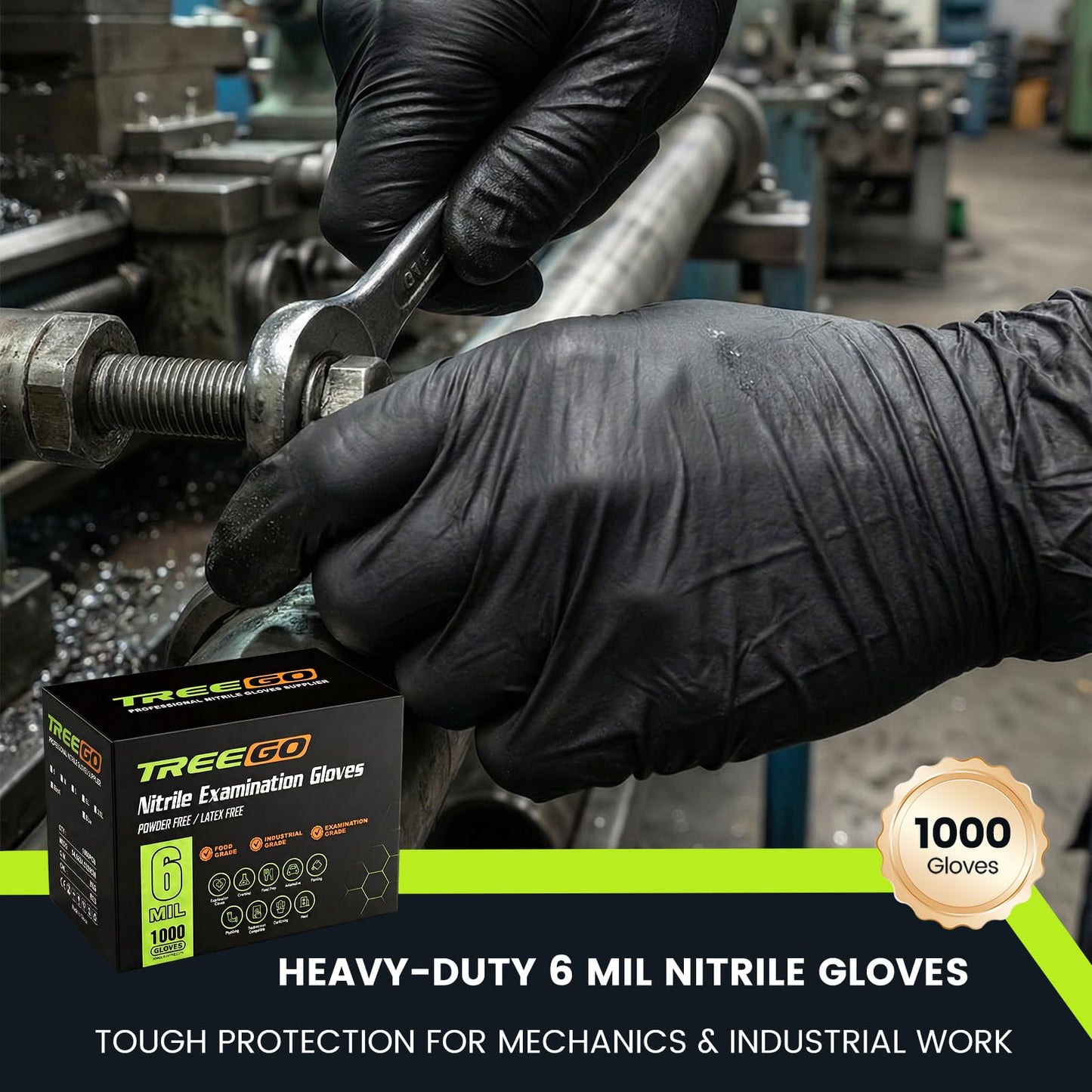 TREEGO 6 Mil Black Nitrile Exam Gloves Small, Heavy Duty Disposable Latex & Powder Free, Chemical Resistant, Textured Grip for Cooking, Mechanic - 100 Count