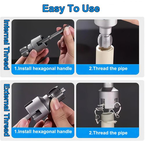 Integrated Internal & External Threader, 2-Piece Dual-Function Pipe Threading Kit for 1/2'' 3/4'' 1'' PVC&Plastic Pipes, Electric Drill Compatible for Home Repairs（Not compatible with 40 PVC）
