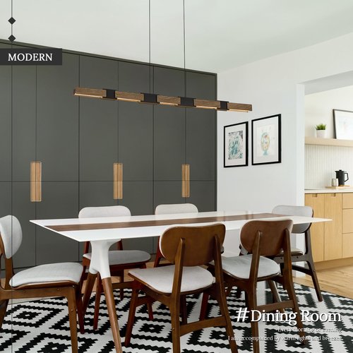 CaraLuxe 52in LED Linear Pendant Light Dimmable Black Kitchen Island Light Walnut Wood Hanging Pendant Light with Remote Control Modern Linear Chandelier for Dining Room Home Office Study Room
