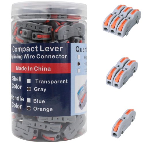 YQSIYU Lever Wire Connectors, 100 Pcs in Buckets of Quick Connect Eletrical Connectors 1 Conductor Lever Nuts in Gray with Orange Handle