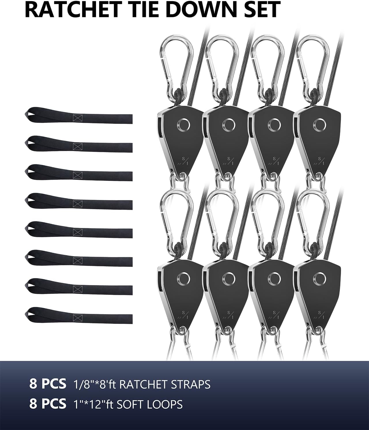 VIPARSPECTRA Retractable Heavy Duty Ratchet Tie Down Straps [4 Pack, 8ft, 75lbs/Pack], Rope Pulley System Rollers with Carabiner Hook for Kayak/Hanging Plants/Grow Light/Tents Various Tie-Down Uses