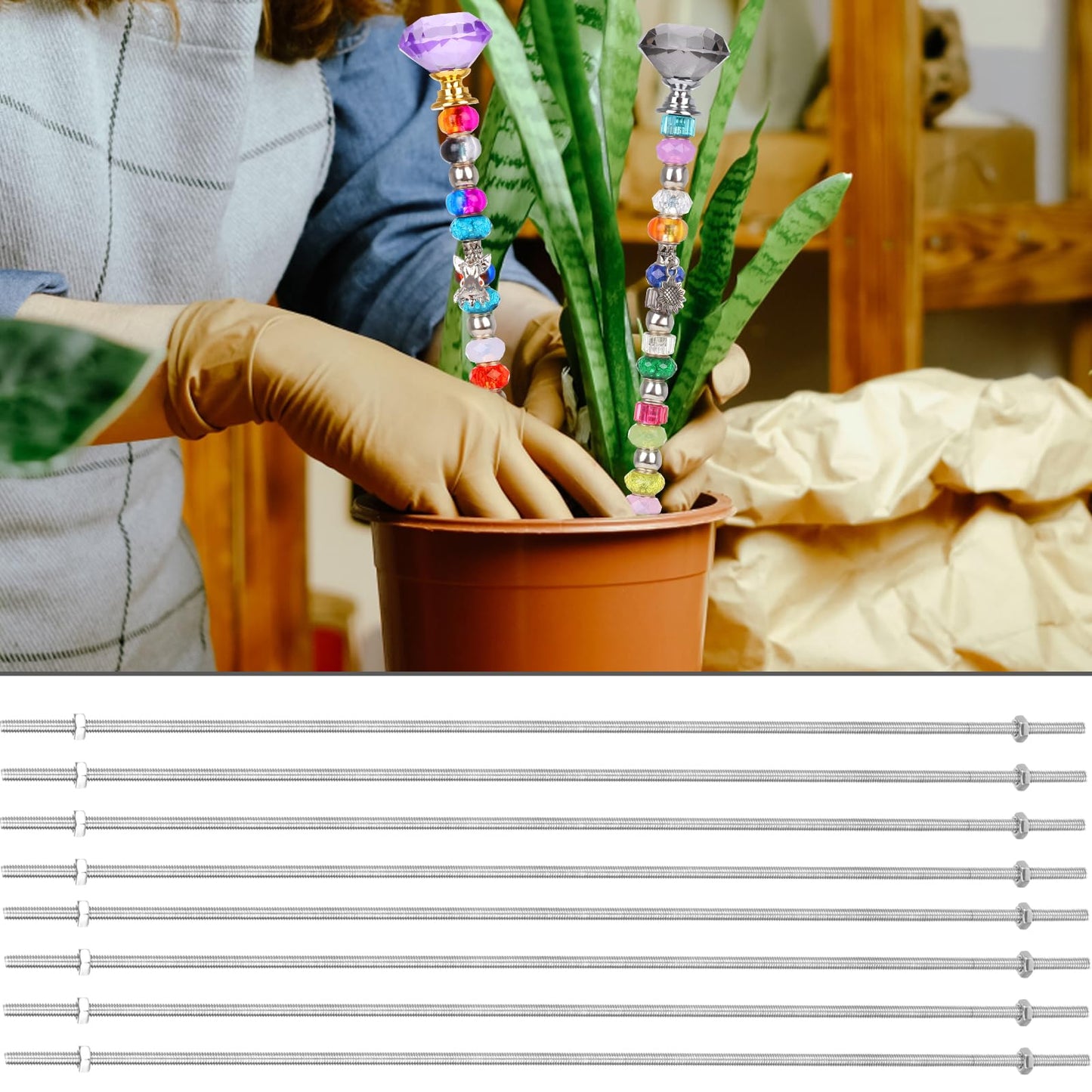 45 Pcs 8/32 Inch Threaded Rod Sets Include 15 Pcs M4 Screw Rod with 15 Pcs Metal Hex Nuts and 15 Pcs Beaded for Beaded Garden Stake Rods