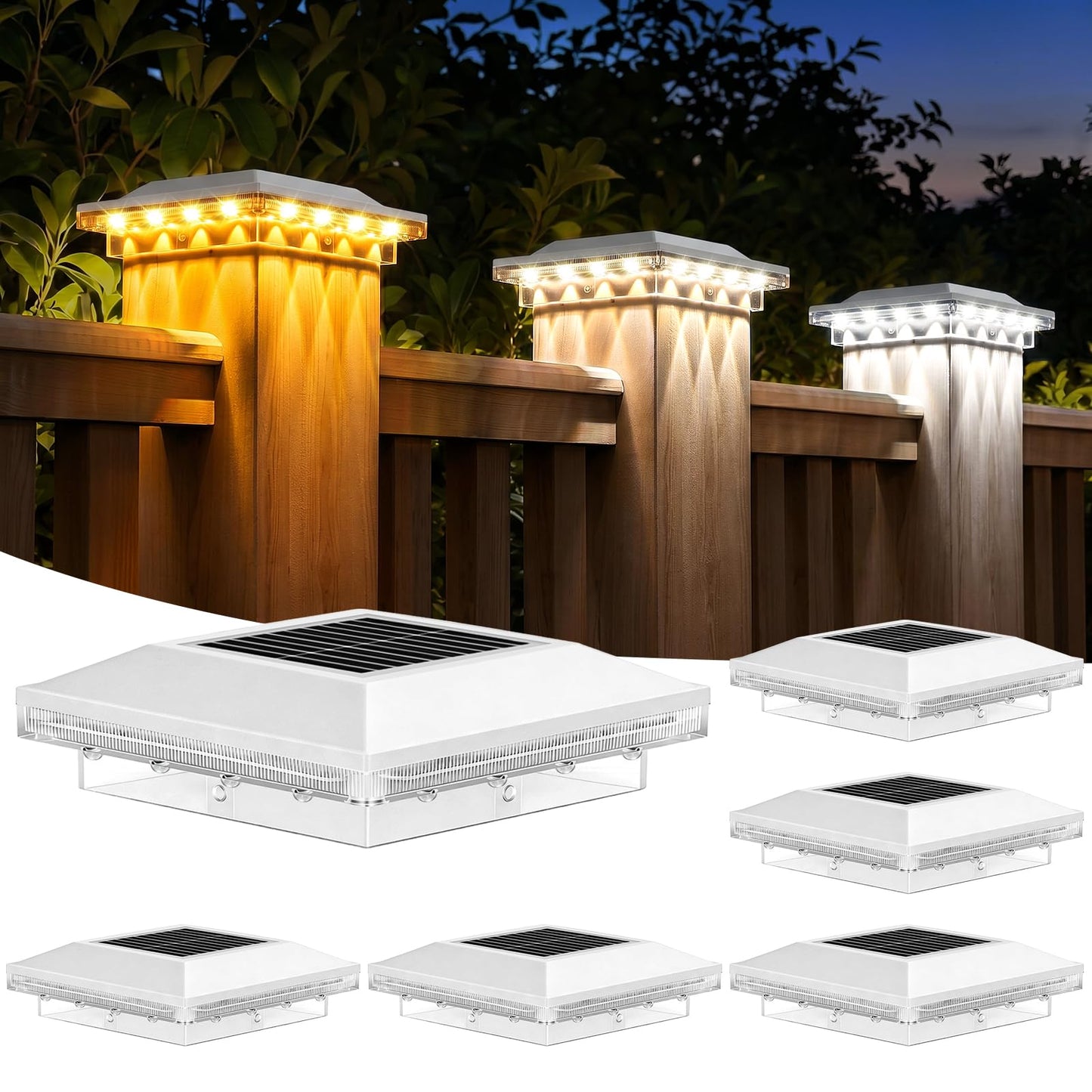 Brightever Solar Post Cap Lights Outdoor 6-Pack, Waterproof Solar Fence Post Lights for 4x4 Wood/Vinyl Posts, Solar Powered Deck Post Lights with 3 Lighting Modes, Decorate Garden Patio Porch, White