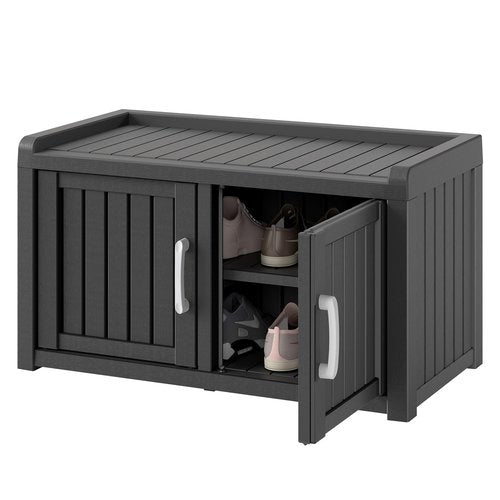 KAMABOKO Outdoor Shoe Storage Cabinet, Waterproof UV-Resistant Entryway Storage Bench Indoor Outdoor with 2 Barn Doors, Adjustable Shelves for Entryway, Bedroom, Hallway,Living Room(Black)