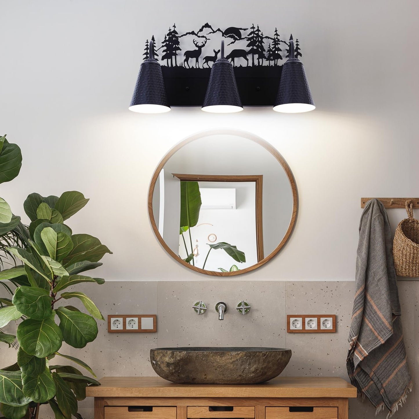 Monaxon Farmhouse Bathroom Vanity Light with Deer Design - E26 Base 3-Light Black Metal Rustic Wall Fixture for Mirror Lighting, and Dressing Table (Large, Bulb Not Included)