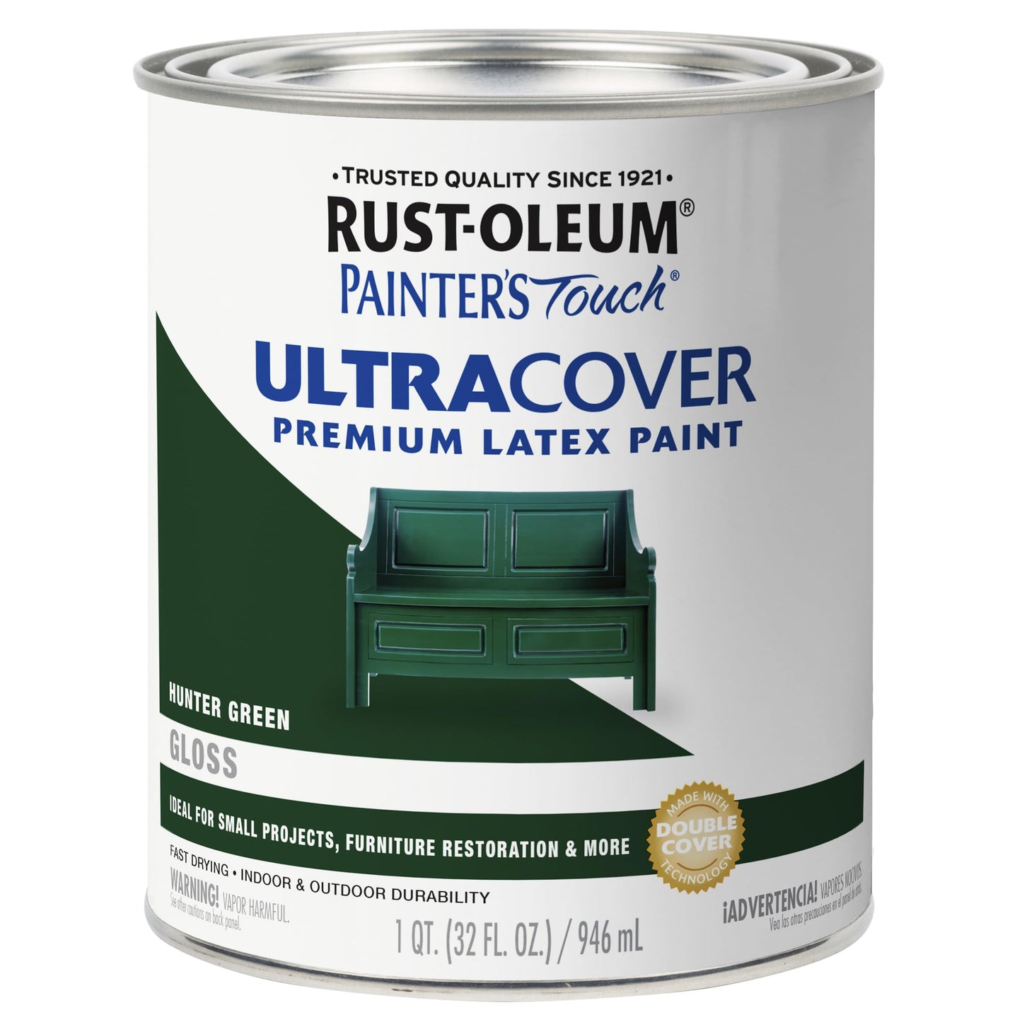 Rust-Oleum 1938502 Painter's Touch Ultra Cover Premium Latex Brush On Paint, Quart, Gloss Hunter Green