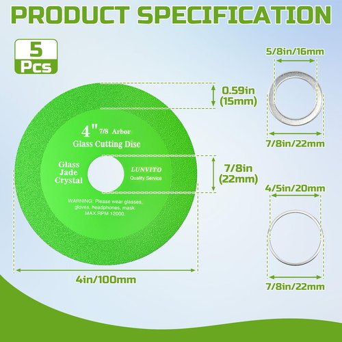 LUNVITO Glass Cutting Disc 5 Pcs Diamond Cutting Blade for Angle Grinder 4" x 7/8" Glass Cutter Blade Ultra-Thin Saw Blade Wheel for Cutting Grinding Tile Crystal Ceramic Jade Wine Bottles