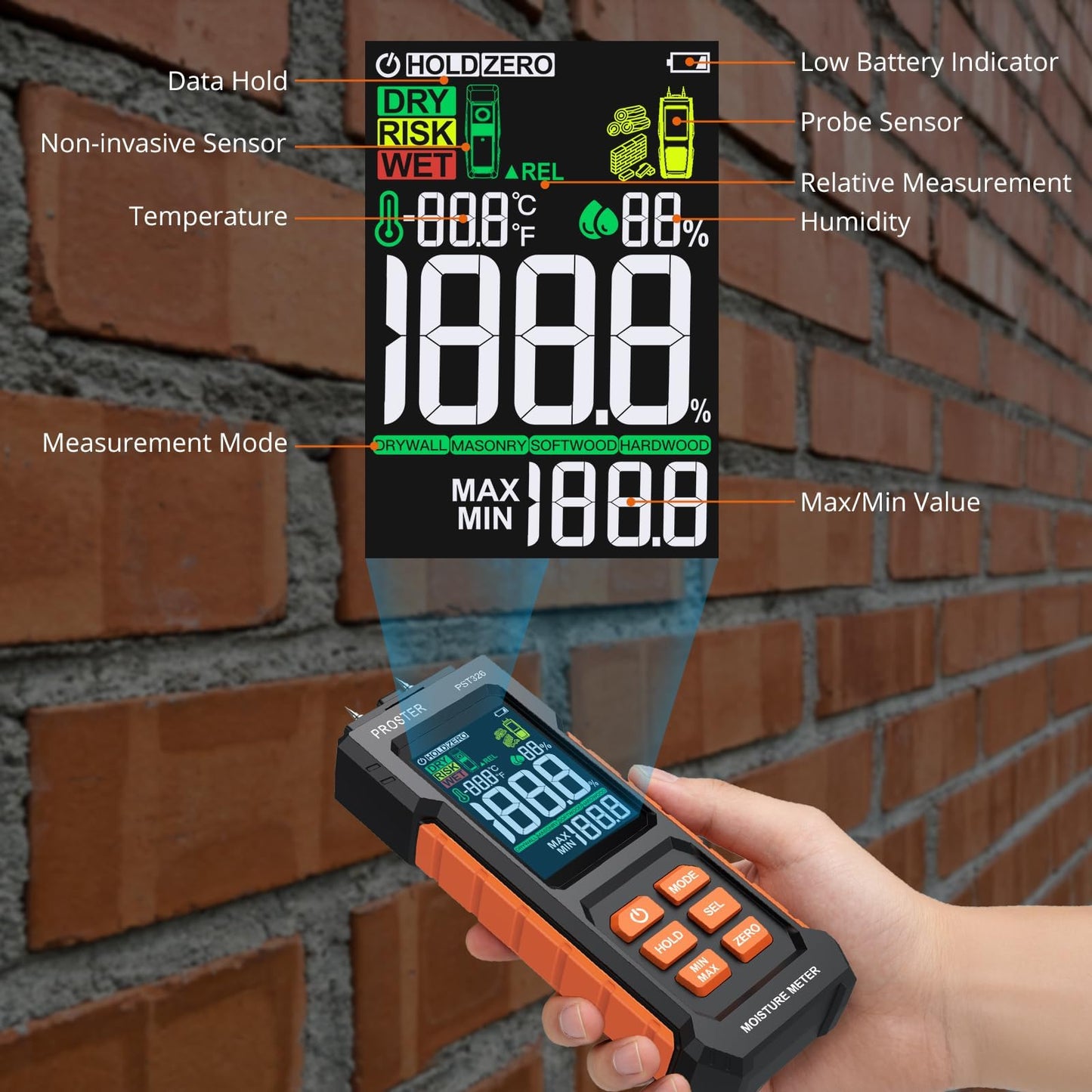 Proster Moisture Meter 2 in 1 Pin & Pinless Moisture Tester Digital LCD Display Dampness Detector for Wood Drywall Masonry Building Materials, Water Leak Detector for Home Inspection, DIY Woodworking