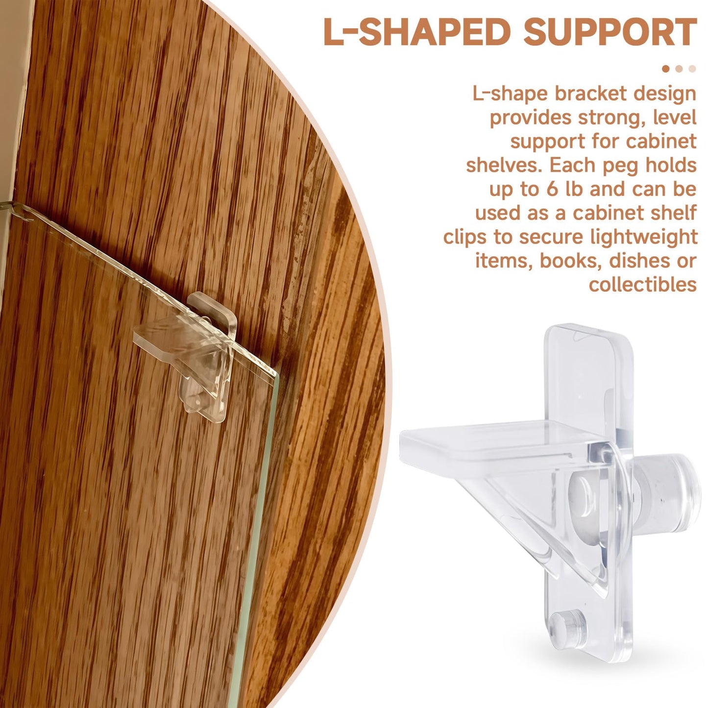 Cutetool (50 Pack) U10136 Shelf Support Pegs 1/4 Inch, Clear Plastic Cabinet Shelf Holders, L-Shaped Support Pins for Bookcase, Cabinet, Furniture 6.35mm Shelf Holes