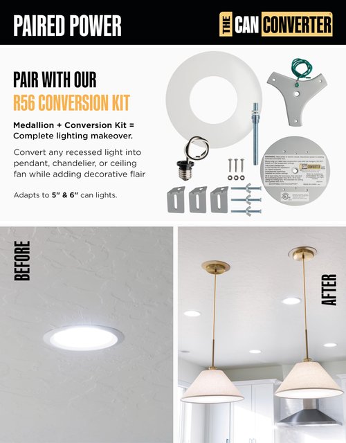 The Can Converter - 7’¾ Inch, Ceiling Medallion, for Home Improvement, Flat Round, Cover Ring for, Ceiling Lighting, Pendant Light, Ceiling Light Fixture, Hanging Light Fixture, Steel, White