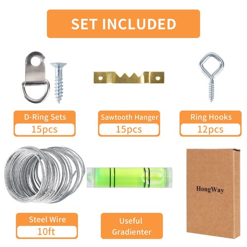 Hongway 276pcs Picture Hanging Kit, Picture Hangers, Heavy Duty Frame Hooks Assortmentwith Nails, Hanging Wire, Screw Eyes, D Ring and Sawtooth Hardware for Frames Mounting