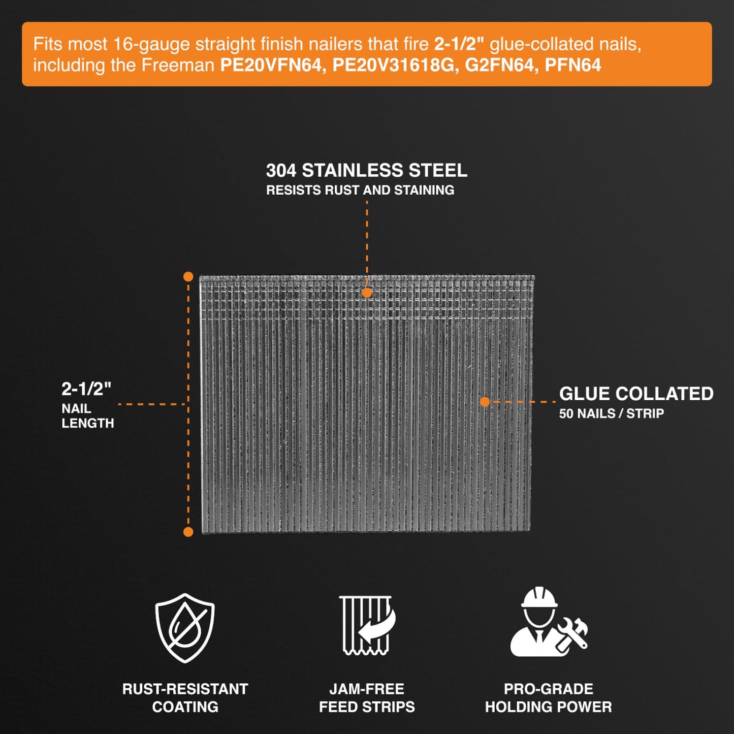 Freeman Stainless Steel Straight Finish Nails | 16 Gauge | 2-1/2" | Glue Collated | 1,000 Count | Indoor & Outdoor | Trim, Moulding, Cabinetry, Furniture Construction, Door & Window Casing | SSSF16-25