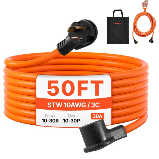 VEVOR 50 FT 30 Amp Dryer Extension Cord 3-Prong NEMA 10-30P to 10-30R, 10AWG STW Pure Copper 125/250V 7500W Heavy Duty Power Cable for EV Charging Laundry Room Home Garage, ETL Listed