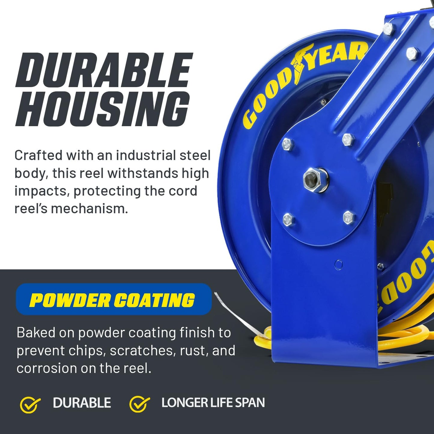 Goodyear Retractable Extension Cord Reel – Heavy-Duty Commercial Cable with Triple Tap Connector, Auto-Rewind & Wall/Ceiling Mountable (Industrial, 12AWG x 80 ft)