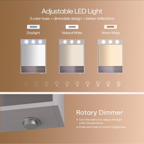 HAUSCHEN HOME 32x24 inch LED Medicine Cabinet Lighted Bathroom Mirror, Stepless Dimmable, 3000K/5500K Color Temperature Wall Mounted Makeup Mirror, Adjustable Shelf (Grey/Assembly Required)