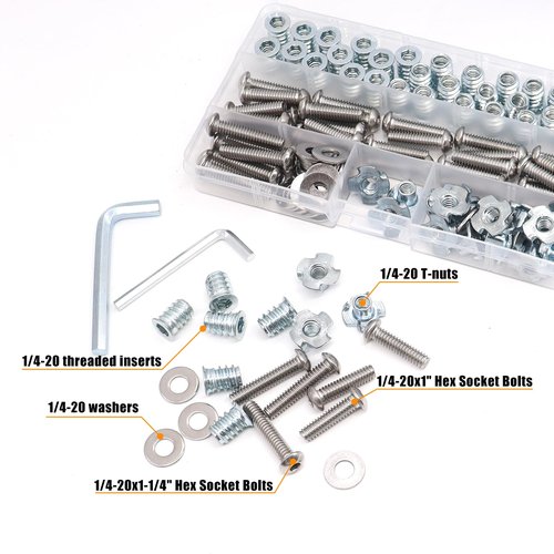 weideer 140PCS 1/4"-20 T-Nuts,1/4"-20 Threaded Inserts for Wood,304 Stainless Steel Bolts,Button Head Hex Socket Bolts with Washers Hex Wrench