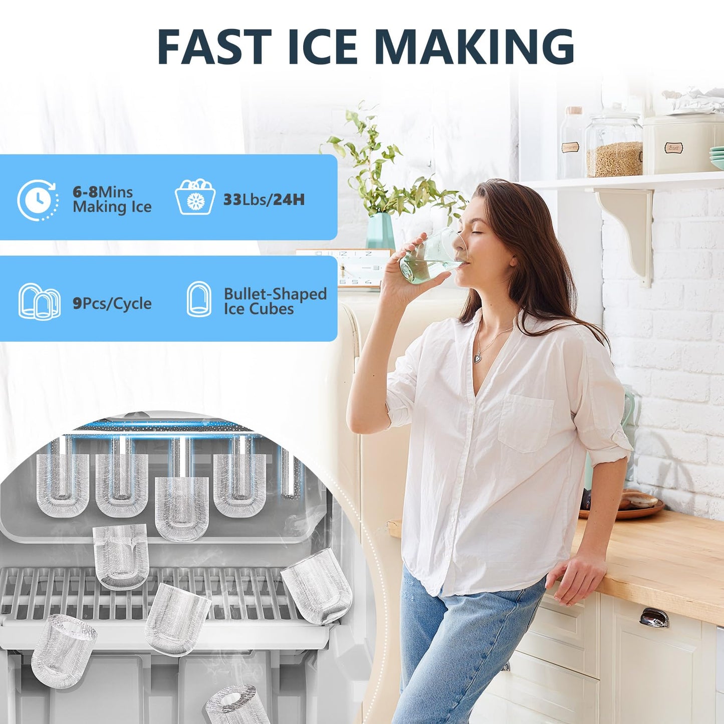 Antarctic Star 3-in-1 Water Cooler Dispenser with Built-in Ice Maker, Hot & Cold Top Loading, Water Dispenser for 5 Gallon Bottle, 33LBS/24H Ice Maker with Child Safety Lock, Black