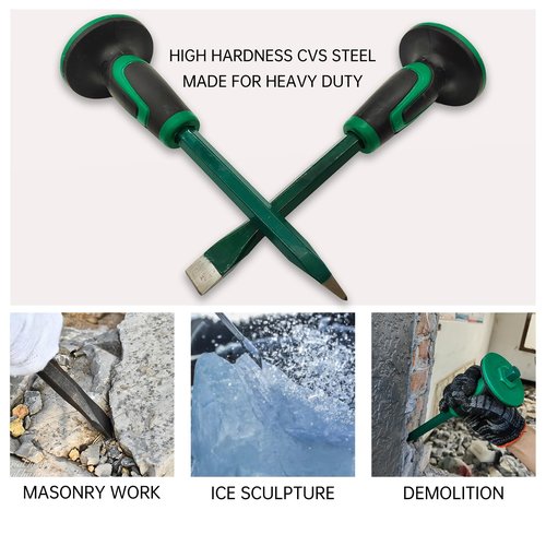CogniForge Heavy Duty Masonry Chisel Set,12 Inch Point and Flat Chisel, 9 Inch Brick Chisel With Hand Protector,for Demolition,Mason,Carving,Concrete (3 PCS Set)