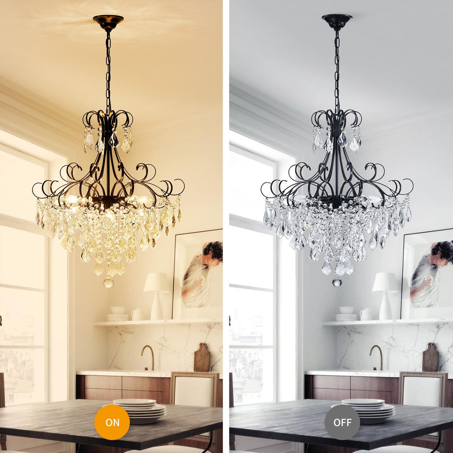 WUZUPS Crystal Chandelier 10-Light Pendant Ceiling Light Modern Lighting Fixture for Dining Room Hallway Bedroom Kitchen Bathroom, H 27.6" x W 22.8", E12 Base, Black