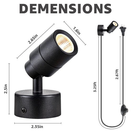 SUNVIE 2 Pack LED 120V SpotLights Indoor, 3W Up Lights Floor Spotlight, 3000K Uplights Indoor Accent Lighting for Plants Pictures Artwork, 5.9 FT Cord with Foot Switch
