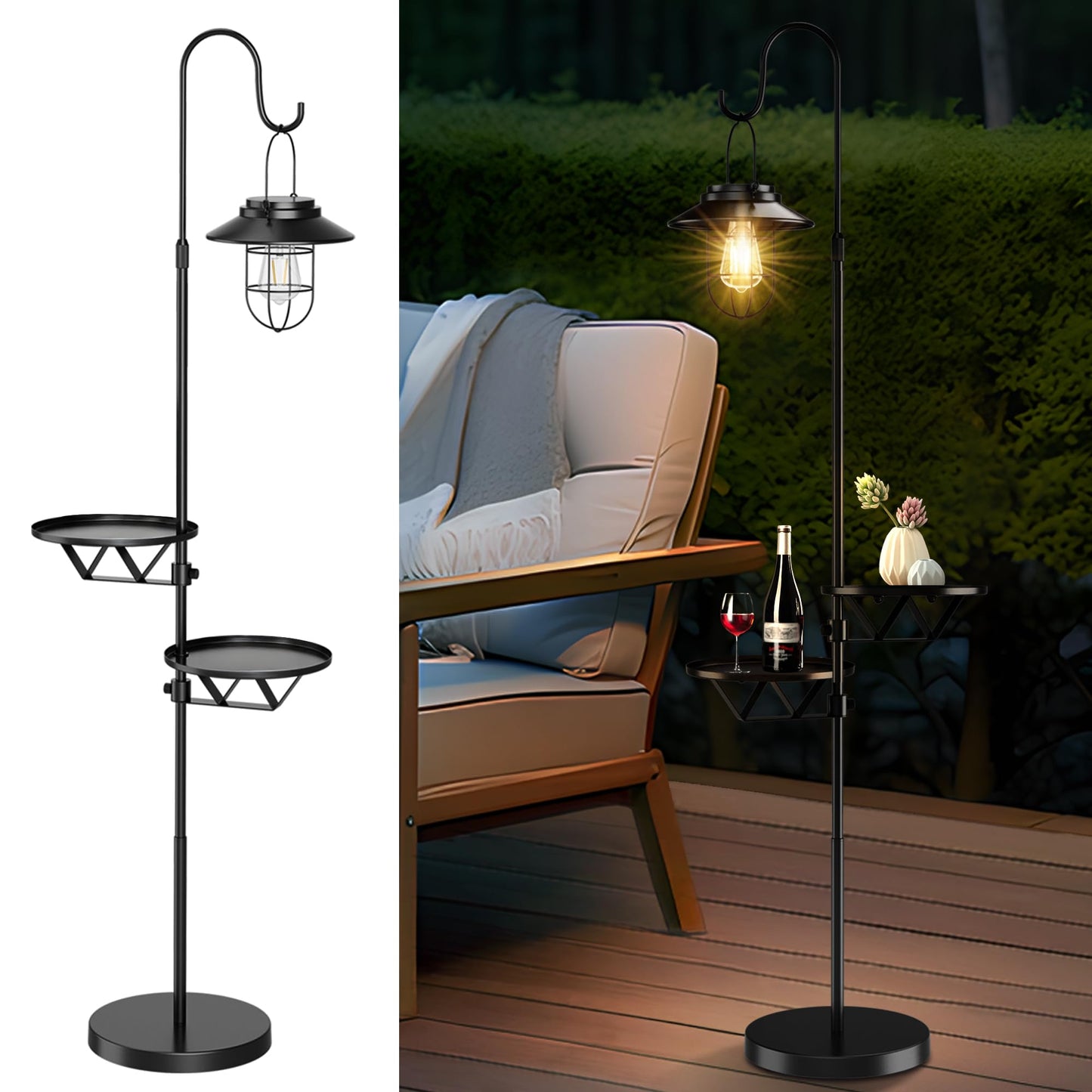 XPSCOCO 60" Solar Light with Plant Stands, Outdoor Floor Lamp, Waterproof Metal Hanging Solar Lantern for Patio Deck Porch Yard Garden Decor