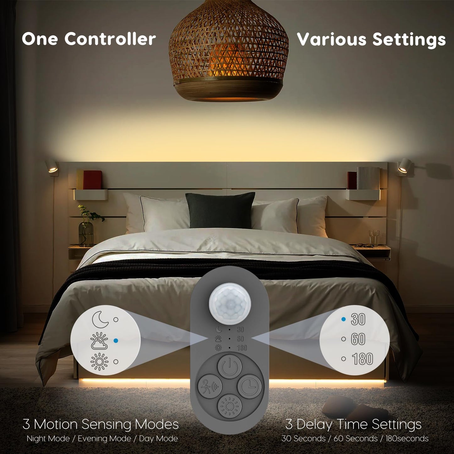 NIVOTA Dual Motion Sensor Light Indoor - Plug-in Motion Activated Step Light Strip with Double Motion Sensors, Dimmer, and Timer for Stairway, Bedroom, Corridor - Warm White 3000K, 16.4FT, 150 LEDs