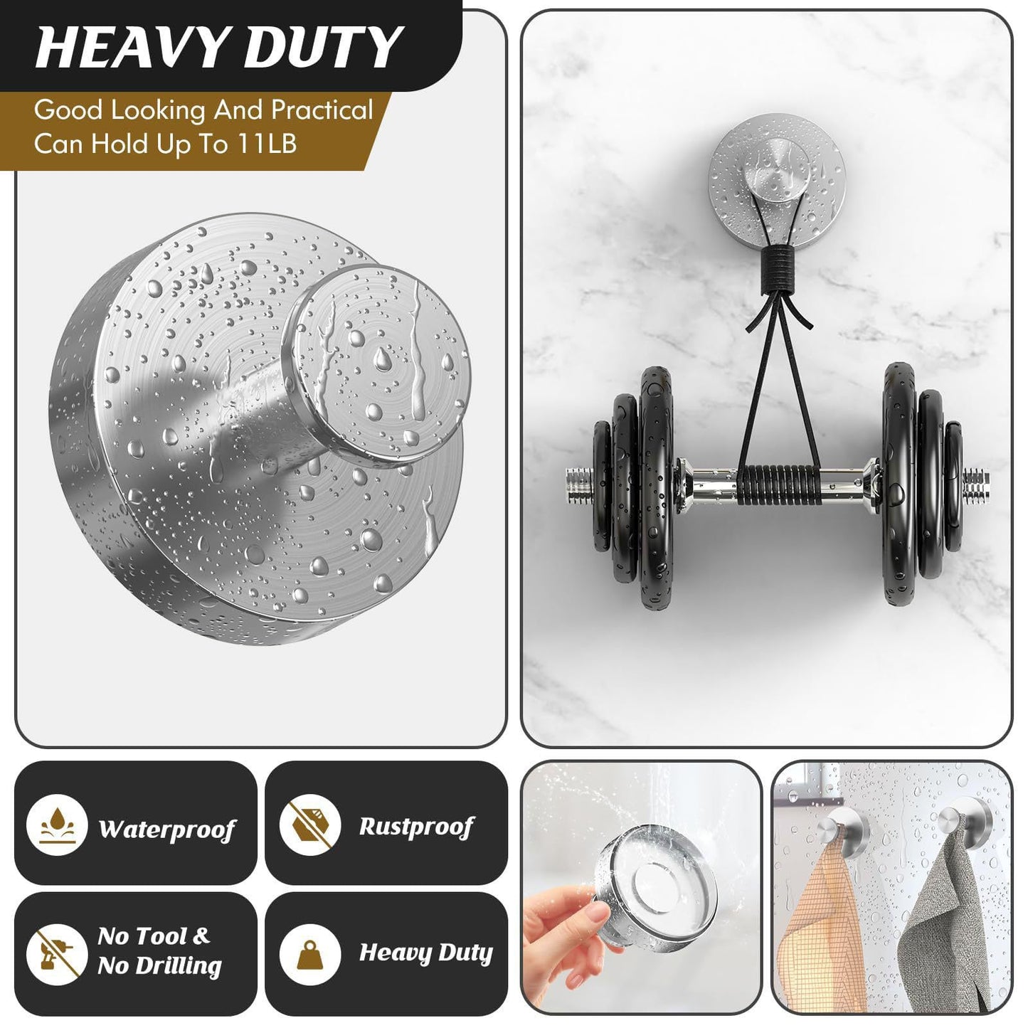 BBLING Suction Cup Hooks, Heavy Duty Damage-Free Towel Hooks for Bathroom, Kitchen, Shower, Glass, Mirrors, Tiles (Black, 4pcs)