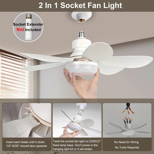 QIHANS 2 in 1 Socket Ceiling Fan with Light, 20.5 inch Screw in Small Ceiling Fans, E26/E27 Base Dimmable Light Socket Fan, 3000-6500K LED Light Bulb with Remote for Bedroom Kitchen Garage